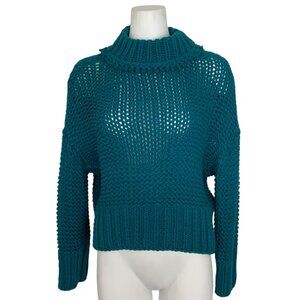 Free People My Only Sunshine Sweater XS Teal Mock Neck Cropped Fall Fashion